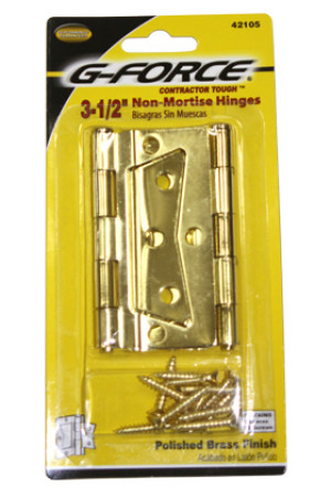 G-FORCE 42105 3-1/2" NON-MORTISE HINGE BRASS PLATED PER CARD WITH SCREWS(1 PR)