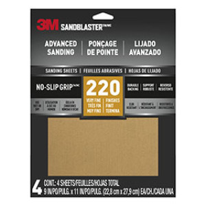 3M 20220-G-4 SANDBLASTER 9" X 11" 220 GRIT SANDPAPER WITH NO-SLIP GRIP 4 PACK