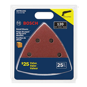 BOSCH SDTR122C 3-3/4" 120 GRIT DETAIL TRIANGLE SANDING SHEETS FOR WOOD (25PK)