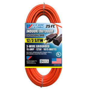 U.S. WIRE 65025 12/3 SJT W-A UL 25' ORANGE EXTENSION CORD INDOOR/OUTDOOR 15A
