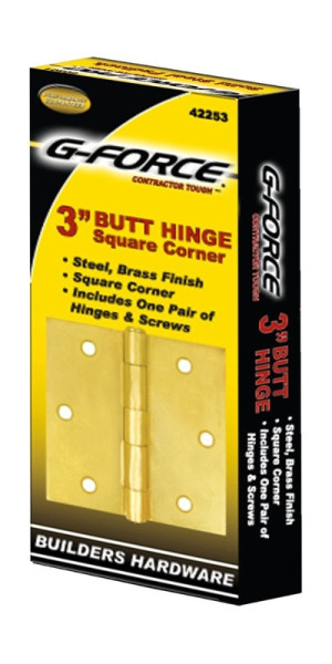 G-FORCE 42253 SQUARE CORNER POLISHED BRASS 3" BUTT HINGES PAIR WITH SCREWS