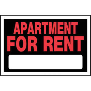 P-T 839922 8" X 12" APARTMENT FOR RENT STYRENE SIGN RED & BLACK