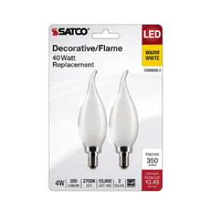 SATCO S21843 4W TURN TIP LED FROSTED CANDELABRA BASE 2700K 120V 350 LUMENS 2PK