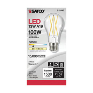 SATCO S12430 12.5W A19 LED CLEAR MEDIUM BASE 3000K 90 CRI 120V