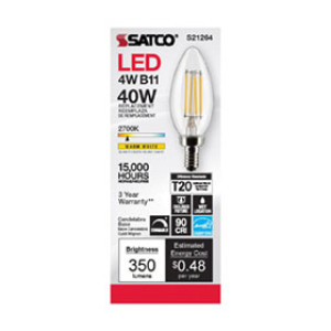 SATCO S21264 4W TORPEDO LED CLEAR CANDELABRA BASE 2700K 90 CRI 120V