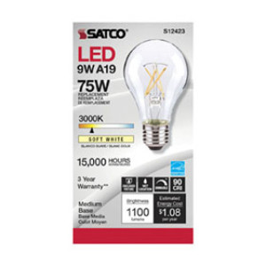 SATCO S12423 10.5W A19 LED CLEAR MEDIUM BASE 3000K 90 CRI 120V