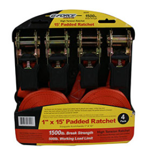 G-FORCE 28200 15' PADDED 1500LB RATCHET TIE-DOWN 4-PACK