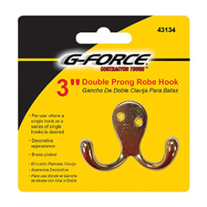 G-FORCE 43134 3" DIE CAST BRASS PLATE DOUBLE PRONG ROBE HOOK CARDED