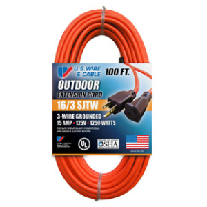 U.S. WIRE 60100 16/3 SJT W-A UL 100' ORANGE EXTENSION CORD INDOOR/OUTDOOR 10A