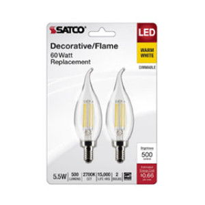 SATCO S21846 5.5W TURN TIP LED CLEAR CANDELABRA BASE 2700K 120V 500 LUMENS 2PK