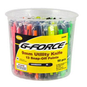 G-FORCE 24250 9MM SNAP KNIFE 13 POINT ASSORTED COLORS BUCKET 50PK