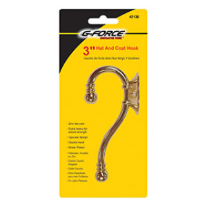 G-FORCE 43130 3" DIE CAST BRASS PLATED HAT & COAT HOOK CARDED